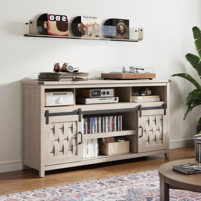 LINSY HOME Farmhouse TV Stand for 65 Inch TV, Tall Highboy Entertainment Center with Sliding Barn Door, Rustic Media Console with Storage Shelves, Wood Television Stand for Living Room, Light Grey - Image 5