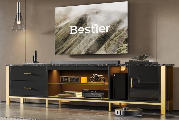 Bestier TV Stand for 75/80/85/90 Inch TV, LED Gaming Entertainment Center, Modern TV Cabinet with Glass Shelves for Living Room, 2 Storage Drawers & Cabinets for Bedroom, Black Glossy - Image 6
