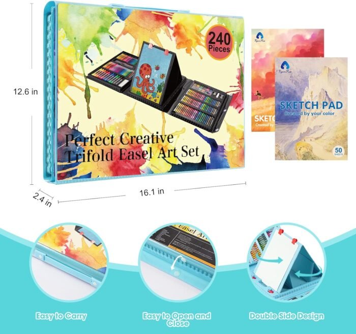 VigorFun Art Supplies, 240-Piece Drawing Art Kit, Gifts Art Set Case with Double Sided Trifold Easel, Includes Sketch Pads, Oil Pastels, Crayons, Colored Pencils, Watercolor Cakes, Stickers (Cyan) - Image 7