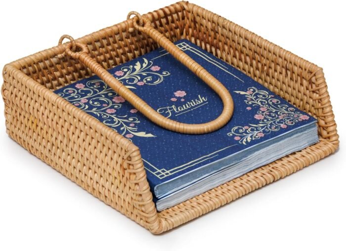 Rattan Napkin Holder, Handcrafted Flat Napkin Holder Basket, Napkin Holder For Kitchen Tables, Indoor And Outdoor, Picnic, Restaurants, Cafe, Home Decor, Napkin Size 7x7in (Elite Pattern)