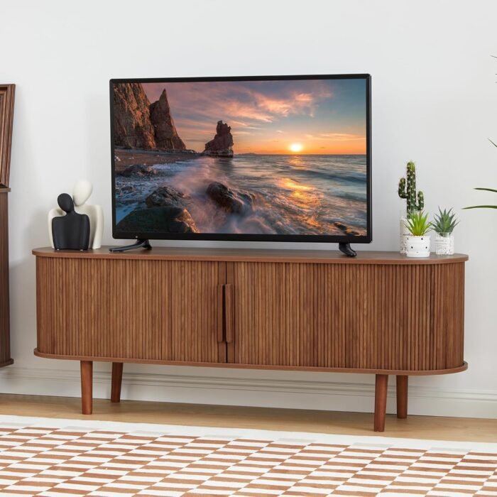 TV Stand, Modern TV Console Table with Storage Compartment and Sliding Door, Gaming Entertainment Center with Cabinet for Living Room, Bedroom, Office (Walnut) - Image 8