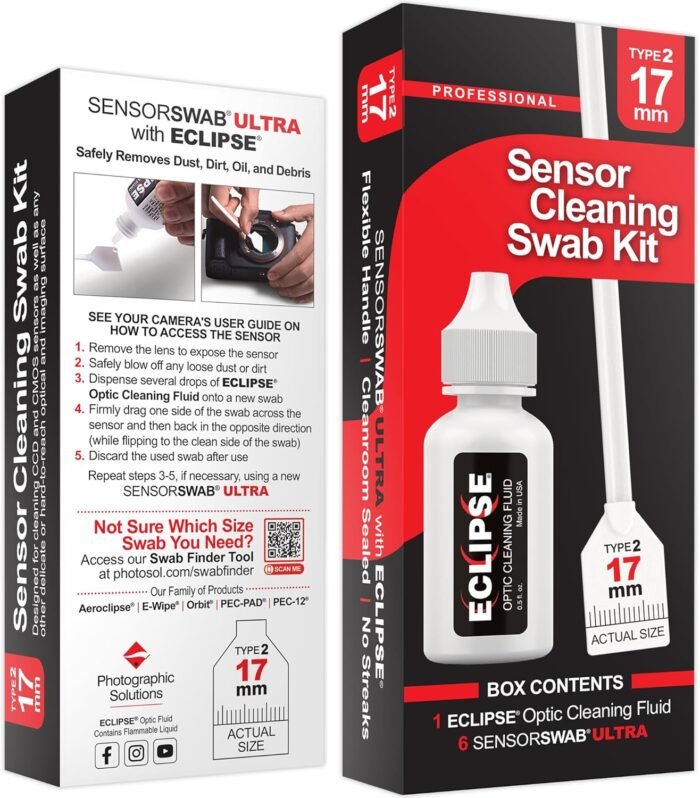 Sensor Cleaning Swab Kit - Eclipse Optic Cleaning Solution (0.5oz/15ml) + Type-2 Sensor Swab Ultra 17mm (Pack of 6) - for APS-C CMOS and CCD Sensors - Dust & Oil Remover