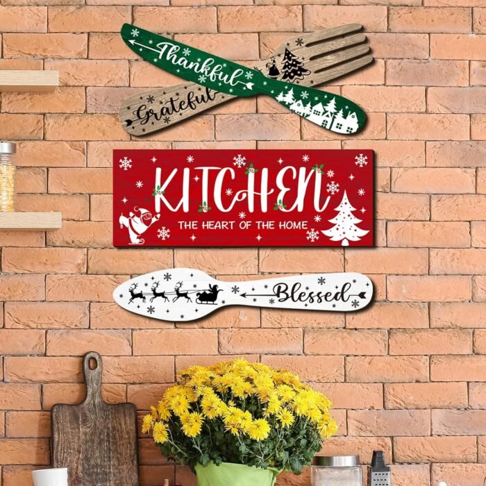 YLOLUL 4 Pieces Christmas Kitchen Decor Eat Sign Set Fork and Spoon Wooden Hanging Wall Decor Art Rustic Country Farmhouse Kitchen Xmas Santa Snowman Wall Art Sign for Dining Room Home Decor - Image 6