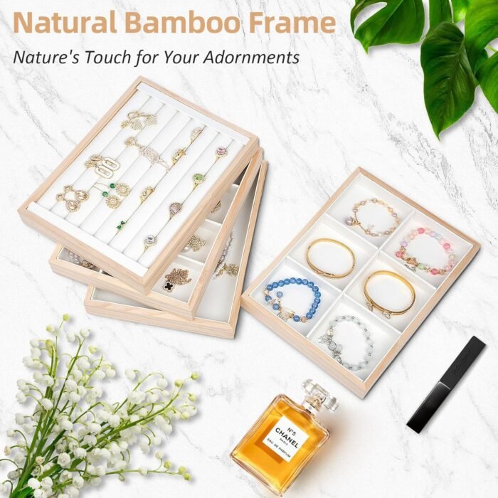Wooden Stackable Jewelry Organizer Trays 4 Set, Wood Jewelry Storage Holder for Drawer Inserts, Jewellery Display Case Box for Earring Necklace Rings Bracelet w/Removable Dividers ((White) - Image 5