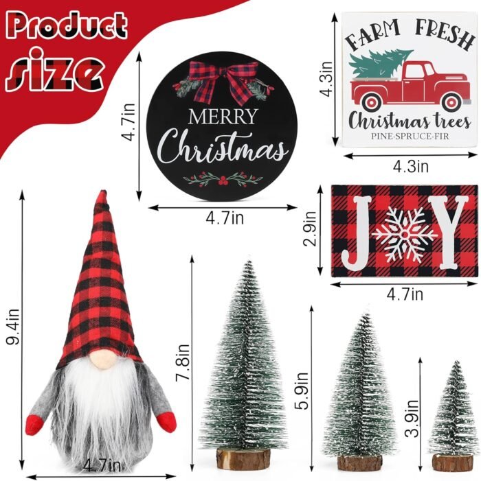 Christmas Tiered Tray Décor Set of 7, Merry Christmas Farm Fresh Truck, Joy Wood Sign Buffalo Plaid Gnome Plush and Christmas Trees, Farmhouse Table Home Party Shelf Fireplace Mantel Decor - Image 2
