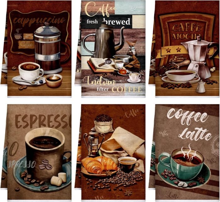 Boyiee Set of 6 Coffee Kitchen Towels Absorbent Dish Towels 24 x 16 Inches Kitchen Gifts Retro Coffee Kitchen Hand Towels for Coffee Bar Decor Coffee Lovers Gifts Kitchen Room Decoration