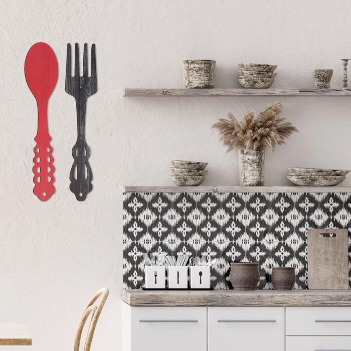 Jetec 2 Pieces Large Fork and Spoon Wall Decor Wooden Spoon Shaped Wall Sign Fork Shaped Hanging Sign Farmhouse Kitchen Wall Decors for Home Kitchen Dining Living Room Decor (Red, Heather Gray) - Image 5