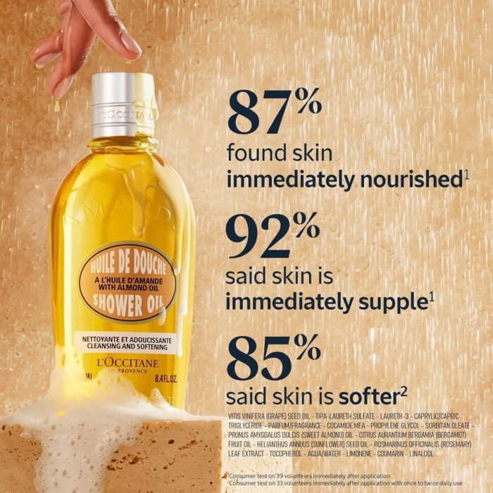 L'Occitane Cleansing & Softening Almond Shower Oil: Oil-to-Milky Lather, Softer Skin, Smooth Skin, Cleanse Without Drying, With Almond Oil - Image 4