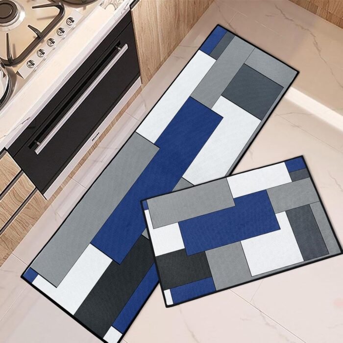 Blue Geometric Kitchen Rugs and Mats Non Skid Washable Set of 2, Checked Black Grey Navy Kitchen Mats for Floor, Rustic Minimalist Kitchen Runner Rug Modern Abstract Kitchen Decor