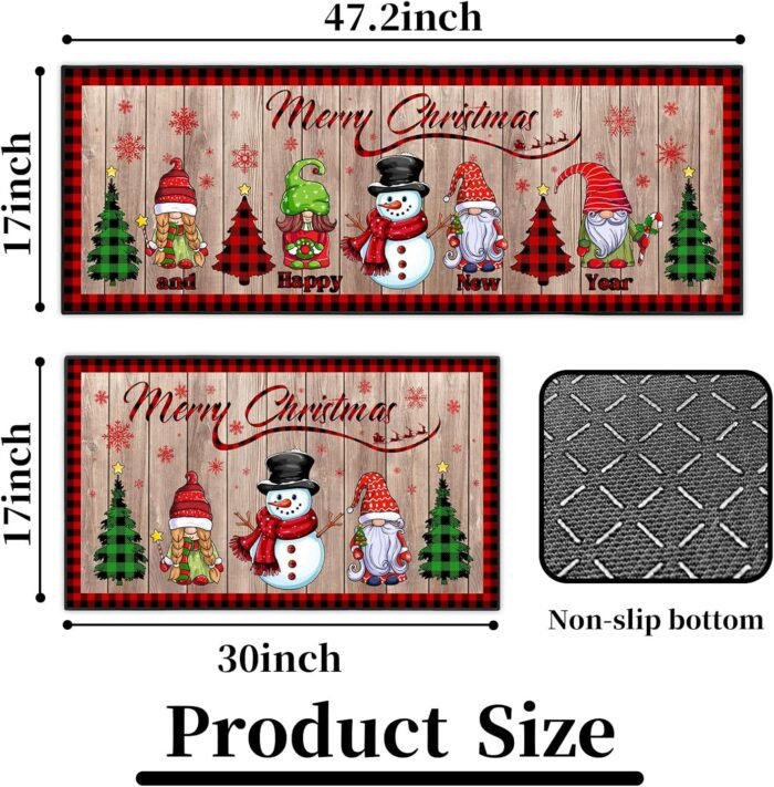 2 Pcs Christmas Kitchen Rugs and Mats, Merry Christmas and Happy New Year Kitchen Decor Non-Slip Floor Mat Sets, Gnome Snowman Washable Microfiber Kitchen Carpet 17x47+17x30 Inches - Image 2