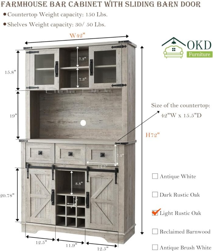 OKD 72" Farmhosue Bar Cabinet with Sliding Barn Door, Large Kitchen Buffet with Hutch w/Wine & Glasses Rack, 3 Drawers, 12 Storage Shelves, Rustic Coffee Bar Sideboard Table, Light Rustic Oak - Image 2