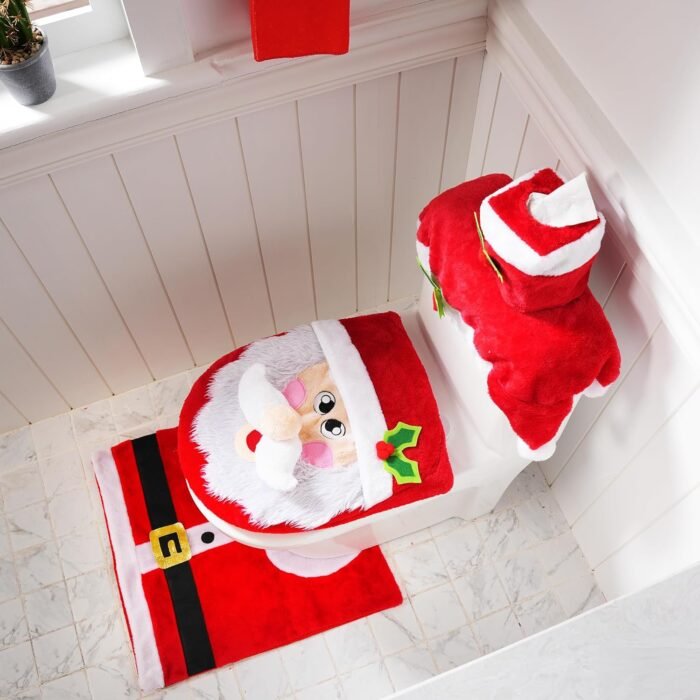 JOYIN 5 Pieces Christmas Theme Bathroom Decoration Set w/Toilet Seat Cover, Rugs, Tank Cover, Toilet Paper Box Cover and Santa Towel for Xmas Indoor Décor, Party Favors (Santa) - Image 2