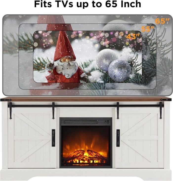 OKD Farmhouse Electric TV Stand for 65+ Inch TV, Rustic Entertainment Center with 18" Fireplace, Sliding Barn Door, Storage Shelves, Wood Media Console Cabinet for Living Room, Antique White - Image 6