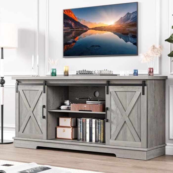 IDEALHOUSE Farmhouse TV Stand for 65 Inch TV, Entertainment Center with Storage and Sliding Barn Doors, Modern Media TV Console TV Stands for Living Room Bedroom (Gray Wash)