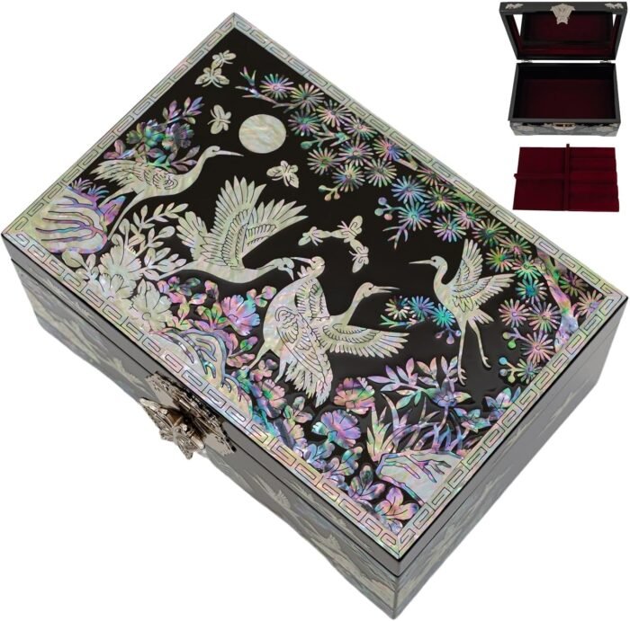 February Mountain Mother of Pearl Jewelry Box – Traditional Korean Design with Cranes and Pine Trees | Handcrafted Wooden Box, Velvet-Lined Interior for Rings, Earrings & Necklaces | Gifts for Women