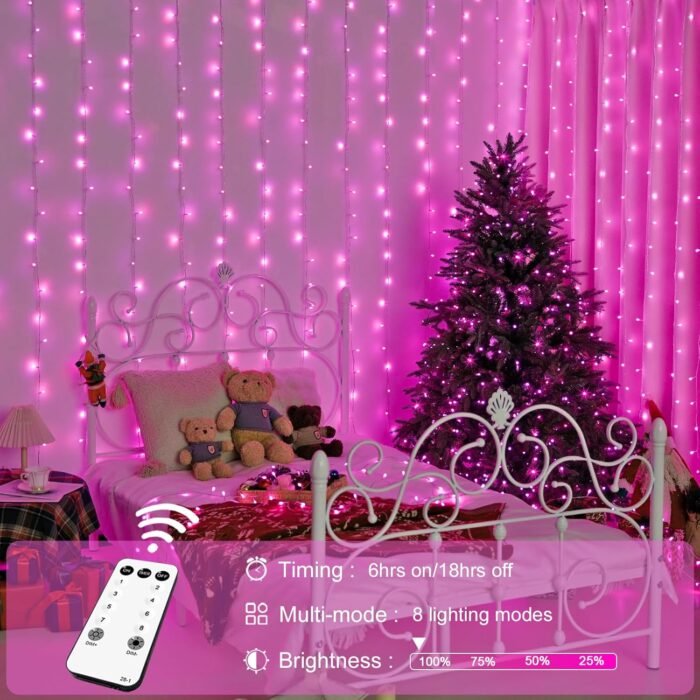 JMEXSUSS 300 LED Pink Christmas Curtain Lights Indoor, Pink String Lights Plug in, 8 Modes Pink Fairy Lights for Bedroom Window Wall Party Backdrop Valentine Xmas Decorations, 9.8x9.8ft - Image 2