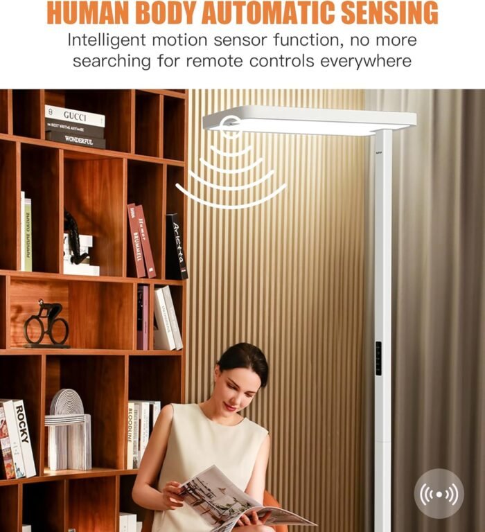 Motion Sensor Floor Lamp - Modern 100W Full-Spectrum Standing Lamp for Bedroom, Living Room & Office - Minimalist Industrial Design, 36000+h Lifetime, 95000LM, 4000K, White Floor Lamp - Image 3