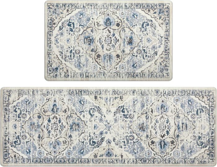 Ileading Kitchen Anti Fatigue Mat Set of 2 Non Skid Waterproof Kitchen Floor Mat Vintage Cushioned Comfort Standing Mat Boho Kitchen Rug Runner for Kitchen Sink Laundry, 17"x47"+17"x28", Blue