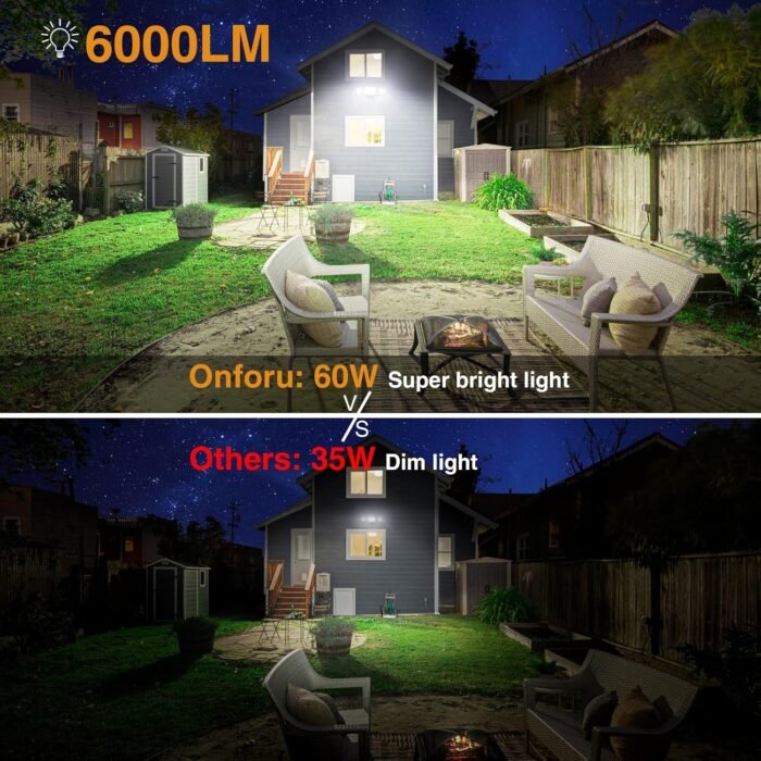 Onforu 60W Flood Lights Outdoor, 6000LM Super Bright Security Lights Switch Controlled, 3 Adjustable Heads, IP65 Waterproof, 6500K Wall Mount Exterior LED Flood Light - Image 2