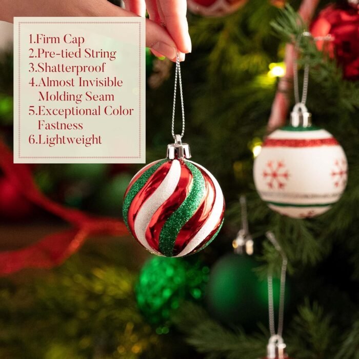 Valery Madelyn Christmas Ornaments Tree Decorations, 30ct Red Green White Shatterproof Christmas Ball Ornaments Set, 2.36 Inch Decorative Hanging Ornament Bulk for Xmas Holiday Party Decor - Image 5