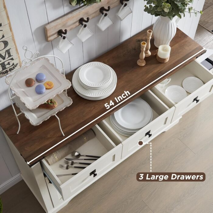 OKD Farmhouse Wine Bar Cabinet w/Sliding Barn Door, 54" Kitchen Coffee Bar Cabinet w/Wine & Glass Rack, Storage Shelves, 3 Drawers, Rustic Large Buffet Sideboard for Dining Room, Antique White - Image 6