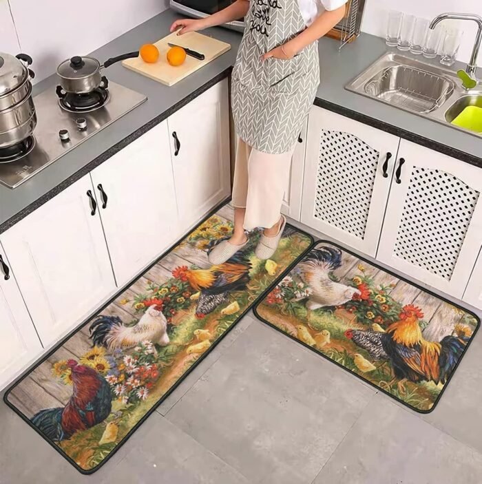 Rooster Kitchen Rugs 2 Piece Set Sunflower Decor Kitchen Floor Mat, Microfiber Washable Runner Rugs, Farmhouse Chicken Decorations Kitchen Mats,17"x47"+17"x30" - Image 2