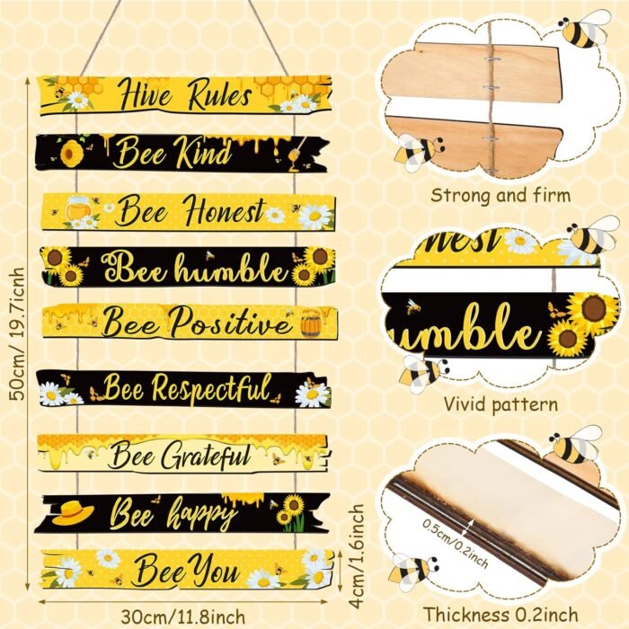 Jetec Bee Sign Hive Rules Bee Wall Decor Plaque Bee Gift Humble Bee Decor Christmas Bee Ornament for Xmas Home Spring Daisy Sunflower Decorations for Living Room Rustic Kitchen Decor (Black, Yellow) - Image 2