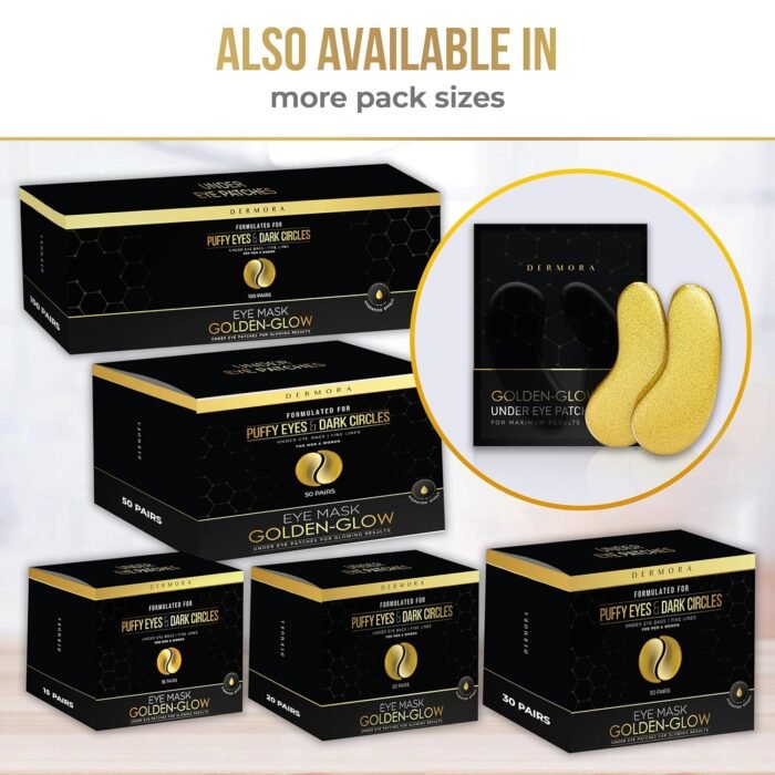 DERMORA Golden Glow Under Eye Patches (20 Pairs Eye Gels) - Rejuvenating Treatment for Dark Circles, Puffy Eyes, Refreshing, Revitalizing, Travel, Wrinkles - Image 7