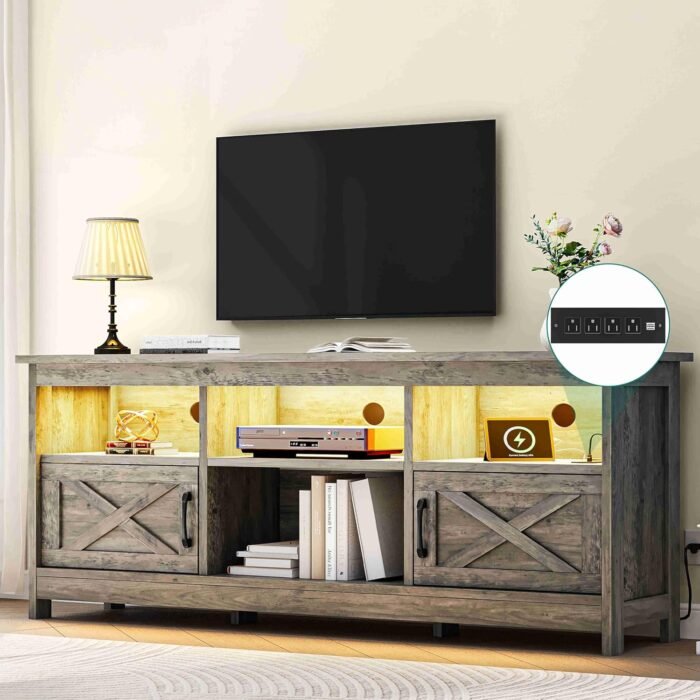YITAHOME Farmhouse TV Stand with Power Outlet, Entertainment Center, LED Light Media Console, Simple TV Cabinet for Living Room or Bedroom, Rustic Grey 59 Inch - Image 3
