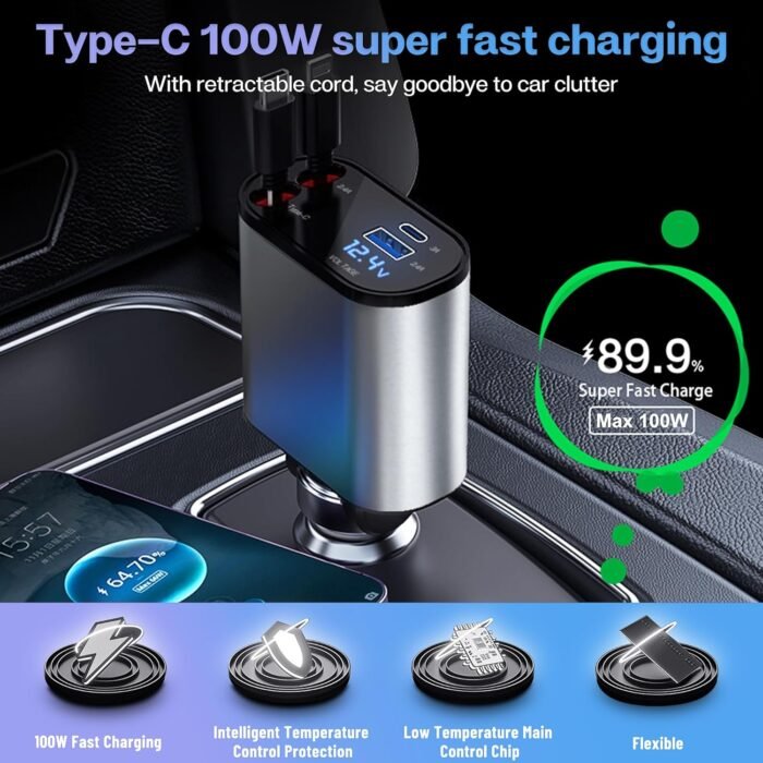 Retractable Car Charger with 100W, 4 in 1 Car Fast Charger for iPhone and Type C, Retractable Cables (31.5 inch) and 2 Charging Ports, Compatible with iPhone 15/14/13/12 Pro Max XR,iPad,Samsung,Pixel - Image 3