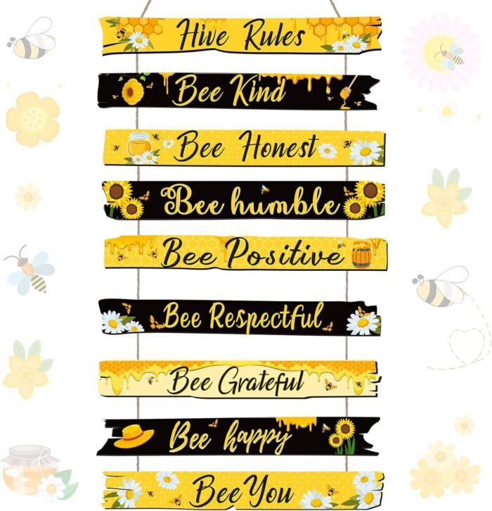 Jetec Bee Sign Hive Rules Bee Wall Decor Plaque Bee Gift Humble Bee Decor Christmas Bee Ornament for Xmas Home Spring Daisy Sunflower Decorations for Living Room Rustic Kitchen Decor (Black, Yellow)