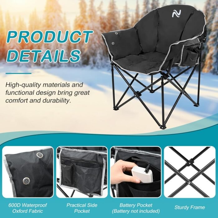 2Pack Oversized Heated Camping Chair, Heated Folding Lounge Chair for Outdoor Sports, Portable Padded Camping Chair with 3 Heat Levels for Lawn, Patio, Beach, and Picnics, Black - Image 6