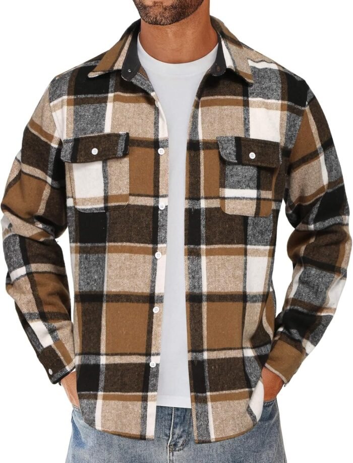 COOFANDY Men's Flannel Shirts Long Sleeve Cotton Plaid Shirt Jacket Casual Button Down Shirt with Pockets