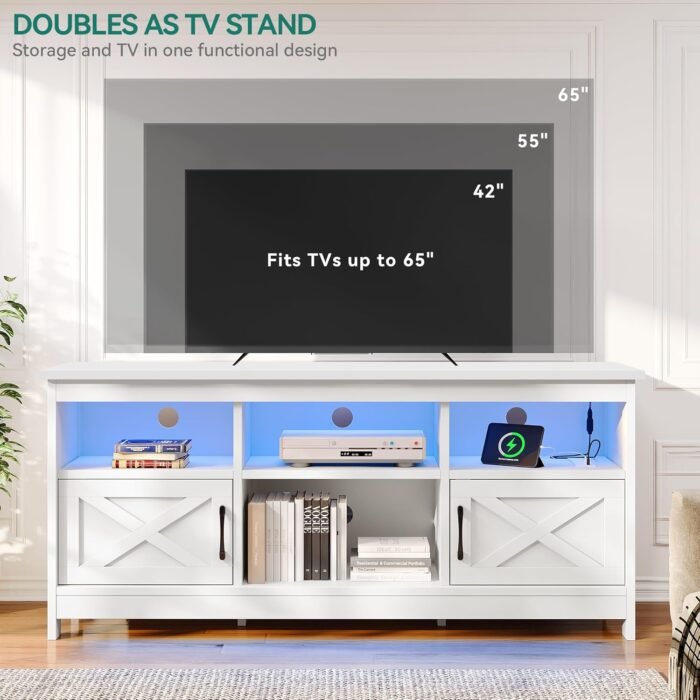 YITAHOME Farmhouse TV Stand with Power Outlet, Entertainment Center, LED Light Media Console, Simple TV Cabinet for Living Room or Bedroom, White 59 Inch - Image 6