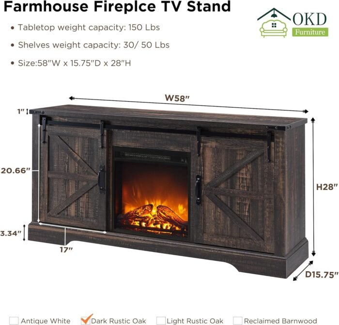 OKD Farmhouse Electric TV Stand for 65+ Inch TV, Rustic Entertainment Center with 18" Fireplace, Sliding Barn Door, Storage Shelves, Wood Media Console Cabinet for Living Room, Dark Rustic Oak - Image 7