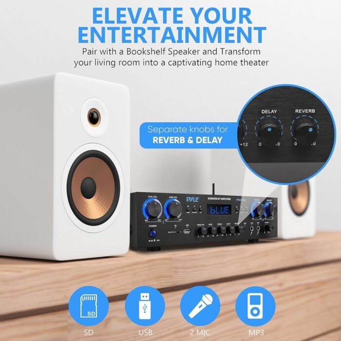 Pyle Bluetooth Home Audio Theater Amplifier Stereo Receiver 4 Channel 800 Watt Sound System w/MP3, USB, SD, AUX, RCA, FM,MIC, Headphone, Reverb Delay, LED Vol, for Home/Studio/Theater Speakers - Image 4