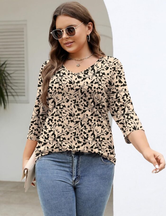 TFSDOD Womens Plus Size Tops V Neck T Shirts 3/4 Sleeve Blouse Summer Casual Tees XL-5X - Image 4