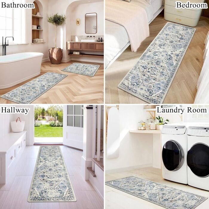 Ileading Kitchen Anti Fatigue Mat Set of 2 Non Skid Waterproof Kitchen Floor Mat Vintage Cushioned Comfort Standing Mat Boho Kitchen Rug Runner for Kitchen Sink Laundry, 17"x47"+17"x28", Blue - Image 6