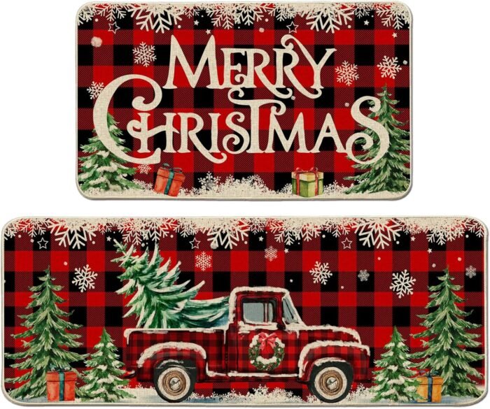 Christmas Kitchen Mats for Floor, Christmas Kitchen Rugs Set of 2 - Farmhouse Truck Red Buffalo Plaid Christmas Kitchen Decor - Christmas Decorations for Bathroom,Home,Indoor 17"x27+17"x47"