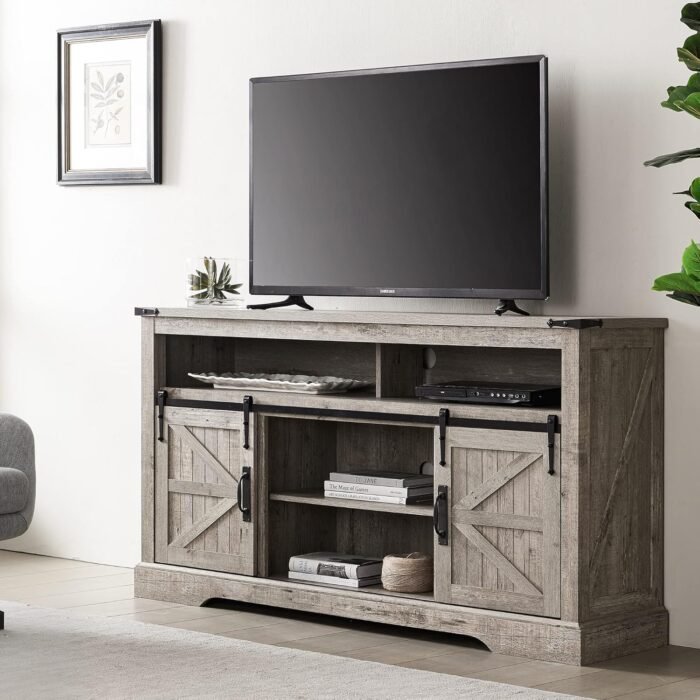OKD Farmhouse TV Stand for 65+ Inch TV, 33" Tall Highboy Entertainment Center w/Sliding Barn Door, Rustic Media Console w/Storage Shelves, Wood Television Stand for Living Room, Light Rustic Oak - Image 7