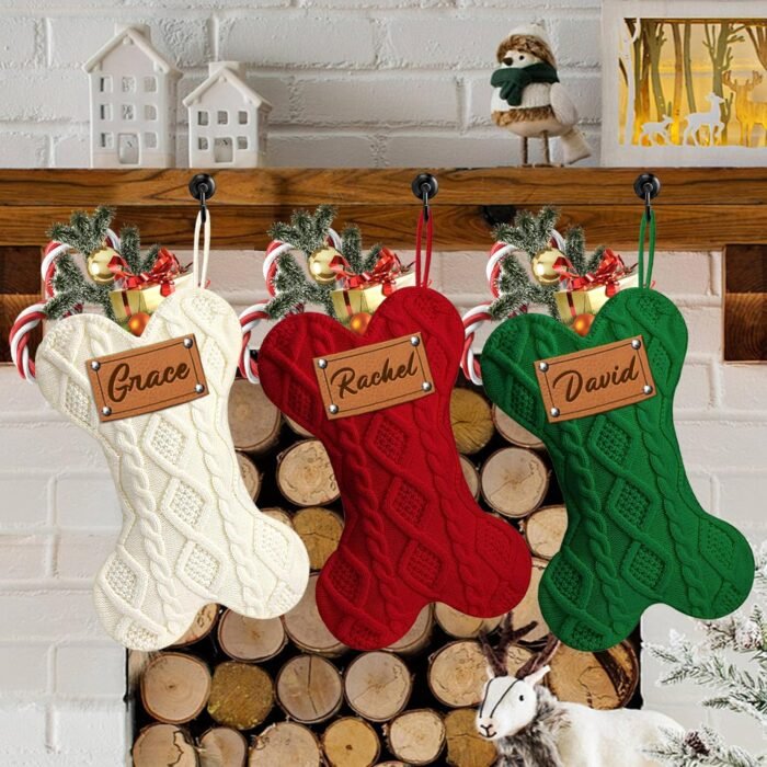 MATONGO Personalized Pet Dog Christmas Stocking, Custom Bone Knit Christmas Stocking Large 16.5 Inch with Laser Engraving Name, Customized Xmas Stocking, Gifts for Family Kids-Set of 3 - Image 3
