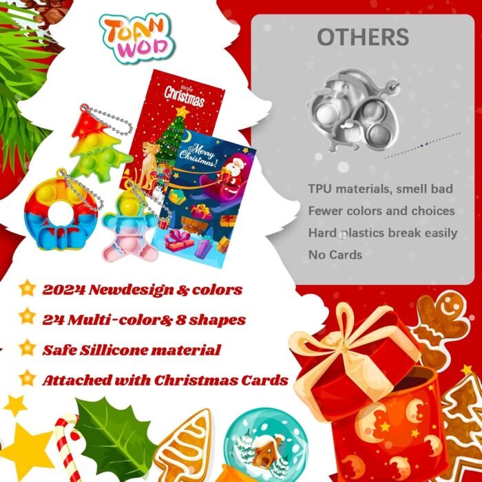 48 PCS Christmas Party Favors Pop Fidget Toys Bulk: Christmas Stocking Stuffers Goodie Bag Stuffers - Prizes for Kids Classroom Gifts from Teacher - Girls Boys (24pcs Keychain + 24pcs Cards) - Image 4