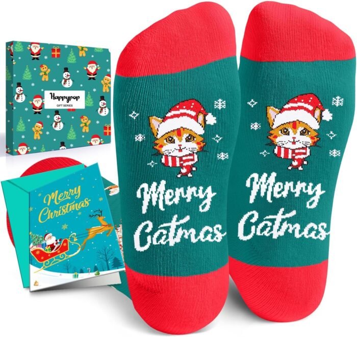 HAPPYPOP Christmas Gifts Stocking Socks for Cat Lovers - Christmas Socks for Teens, Green Cat Mom Dad Socks for Women Men with Greeting Card