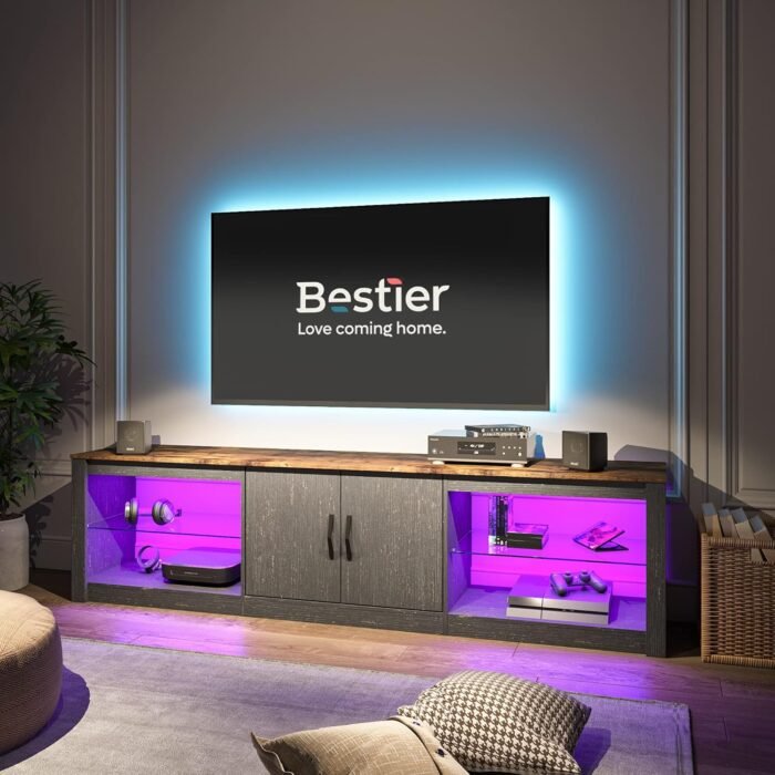 Bestier 70 Inch Led TV Stand for 75 Inch TV Large Entertainment Center Gaming with Adjustable Glass Shelves Two Cabinets Modern TV Console for Living Room 22 RGB Modes, Golden Black - Image 6