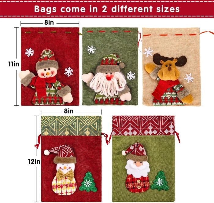 Whaline Drawstring Christmas Doll Bags, 3D Xmas Gift Bags, Christmas Wrapping Bags, Xmas Goodie Bags, Snowman Red Treat Pouch Bags, Sack Stockings, Party Favor Bags, 8 x 11in, 8 x 12in (5 Pack) - Image 2