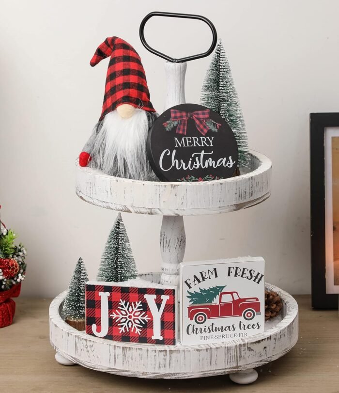 Christmas Tiered Tray Décor Set of 7, Merry Christmas Farm Fresh Truck, Joy Wood Sign Buffalo Plaid Gnome Plush and Christmas Trees, Farmhouse Table Home Party Shelf Fireplace Mantel Decor