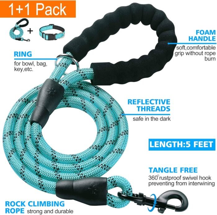 Reflective Dog Collar Padded with Soft Neoprene Breathable Adjustable Nylon Dog Collars for Small Medium Large Dogs (Collar+Leash L Neck 19"-23.5", Blue) - Image 2