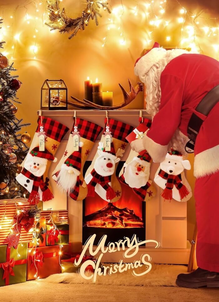 Minetom Christmas Stockings, 4 Pack 18 Inches Hanging Xmas Stocking with Personalized Name Tag, Snowman Deer Santa Gnome Burlap Plaid Stocking Holiday Christmas Decoration Gifts for Family Kids - Image 2