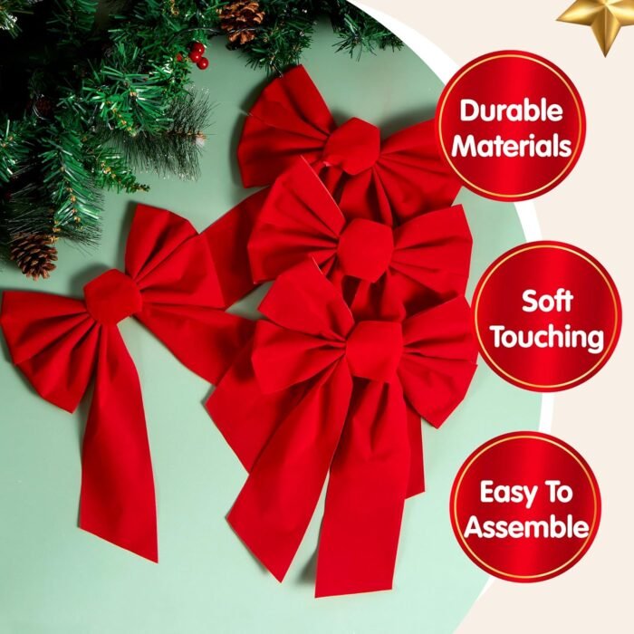 JOYIN 12 Pack Christmas Red Velvet Bows, 13" Long by 9" Wide Decorative Christmas Bows for Wreath Garland Christmas Tree Decor, Indoor Outdoor Holiday Decorations - Image 3