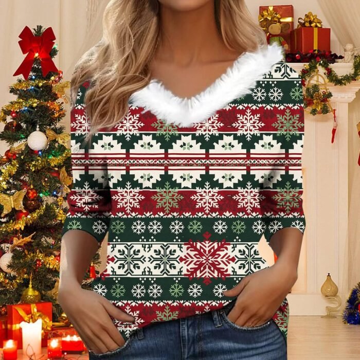 Christmas Floral V Neck Long Sleeve T Shirt with Collar for Women Vintage Blouse for Women 1950s - Image 3